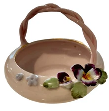 1950s Lady Ash Tray Pink Pansies Porcelain Basket Style Gold Rim Trinket Dish