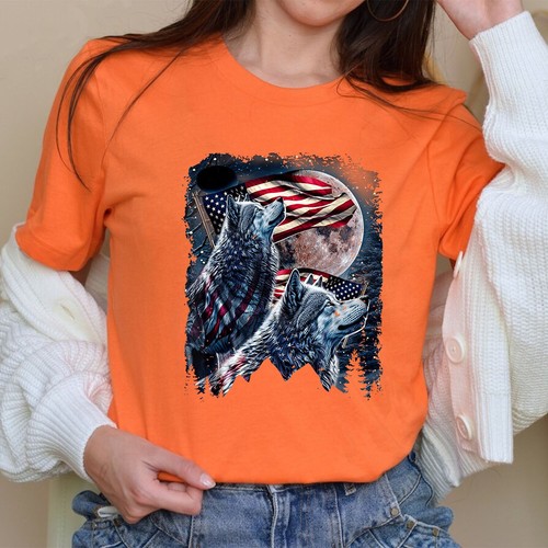 Wolf 4th of July American Flag Howling Wolves Under Moon Unisex T-Shirt - Picture 7 of 22