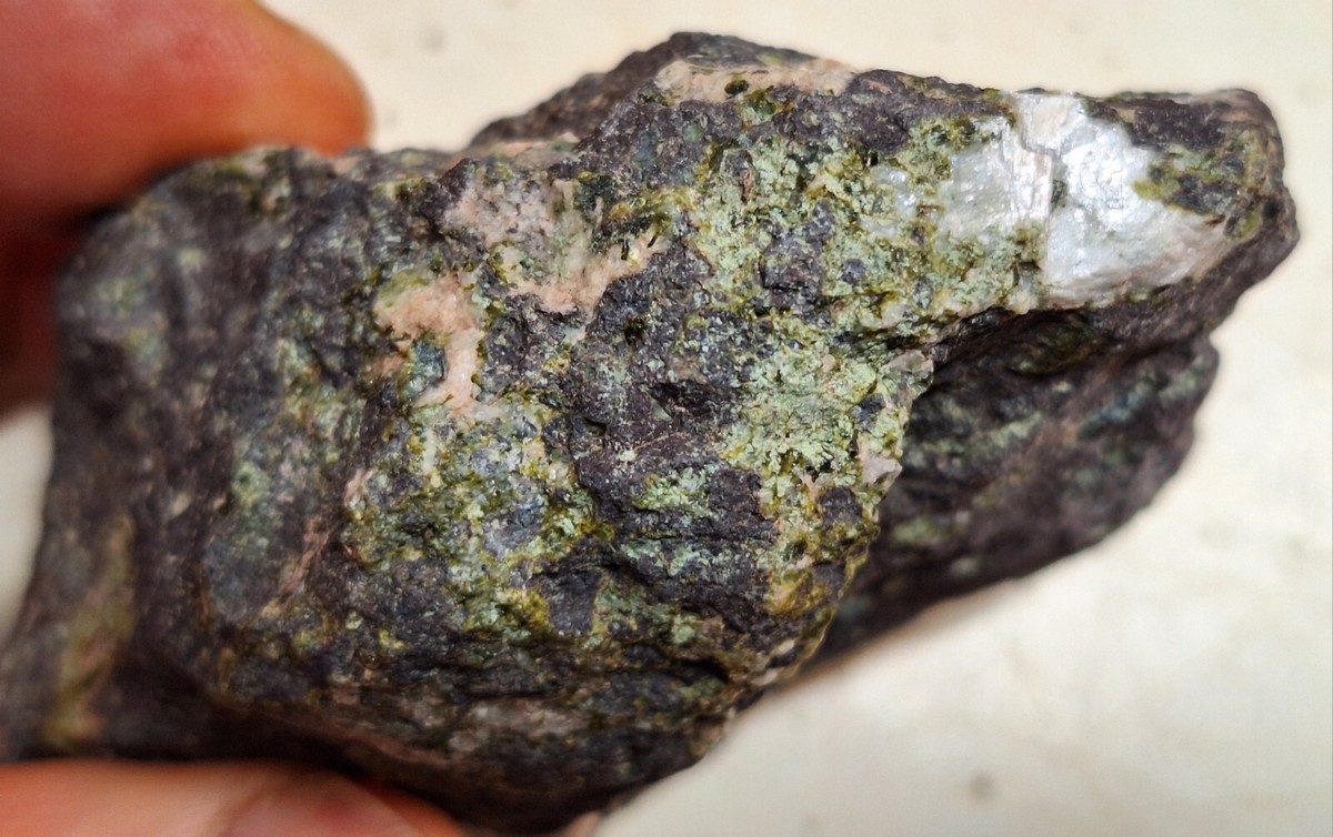 Epidote Crystals With Calcite In Basalt From Copper Mine Michigan