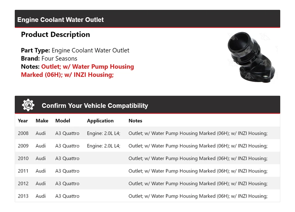 Выход воды охлаждающей жидкости для двигателя Audi A3 quattro 2008-2013 годов выпуска 4 сезона 2009 2010 - Изображение 2 из 4
