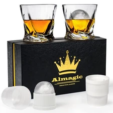 Crystal Whiskey Glasses Set of 2 with Ice Ball Molds, 11 Oz Old Fashioned Gla...