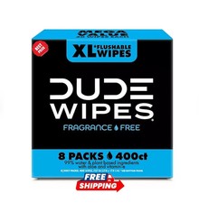 DUDE WIPES XL Flushable Wet Wipes Unscented 400 Count 8 Packs Plant Fiber
