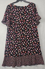 Talbots Dress Black Pink Red Peach Floral Print Shift Ruffle Trim Women’s 16P