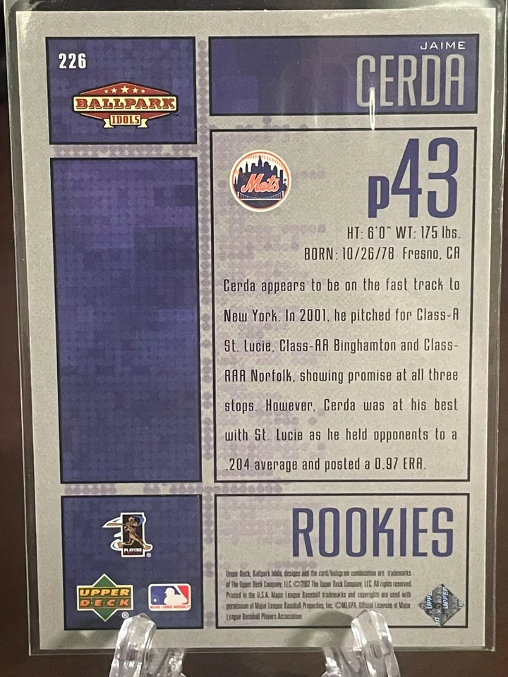 2002 Upper Deck Ballpark Idols #226 Jaime Cerda 1178/1750 RC METS - Image 2 of 2