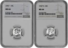 1947 P + S 10C Silver Roosevelt Dime NGC Graded MS 66 Two Coin Lot