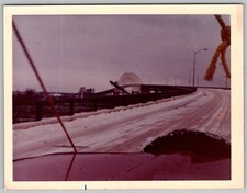 Vtg Color Snapshot Snowy Bridge View From Red Car Hood Winter Road Trip 1970s