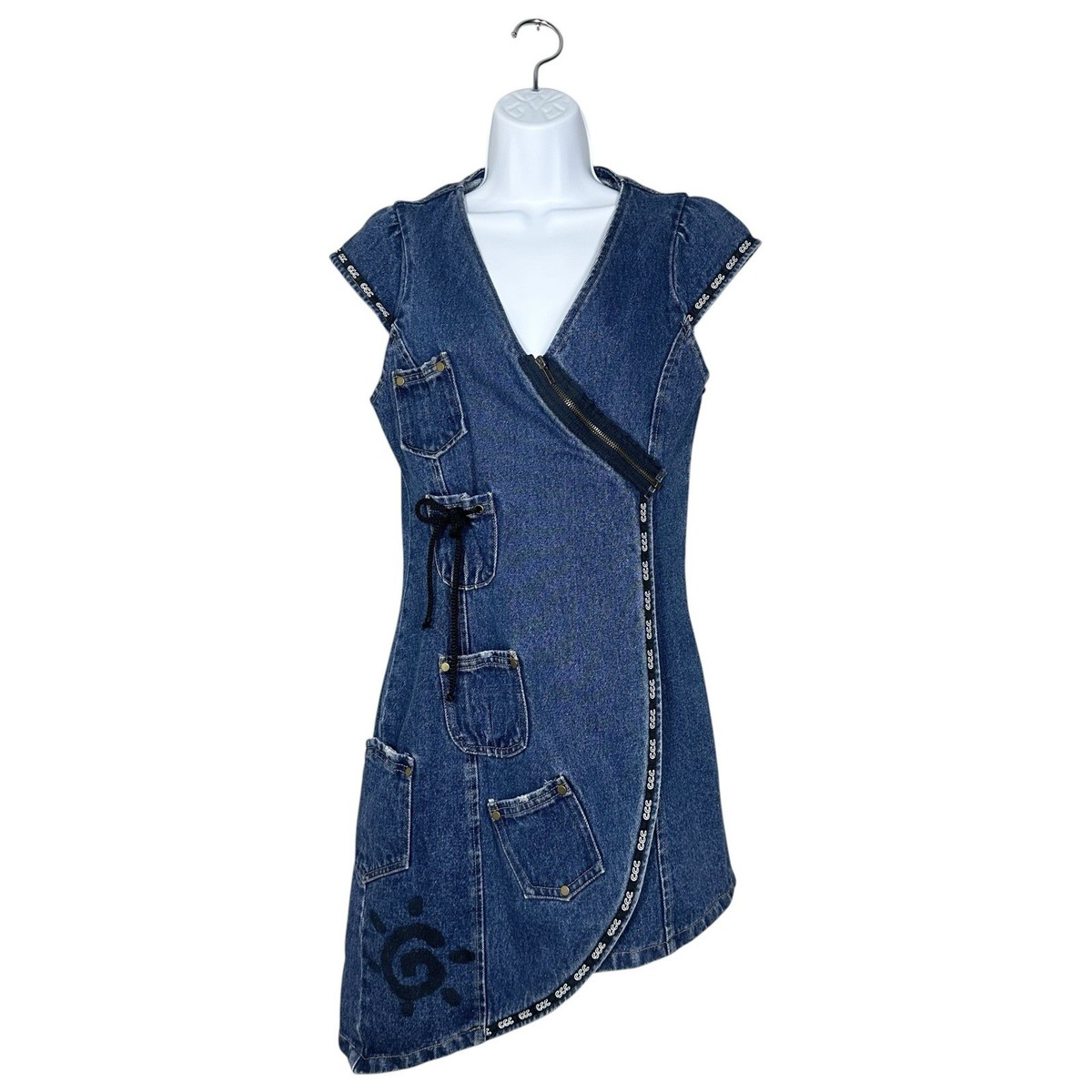 Vintage Y2K Ccoma Denim Mini Wrap Dress Asymmetrical Zip Pockets Size S |  eBay