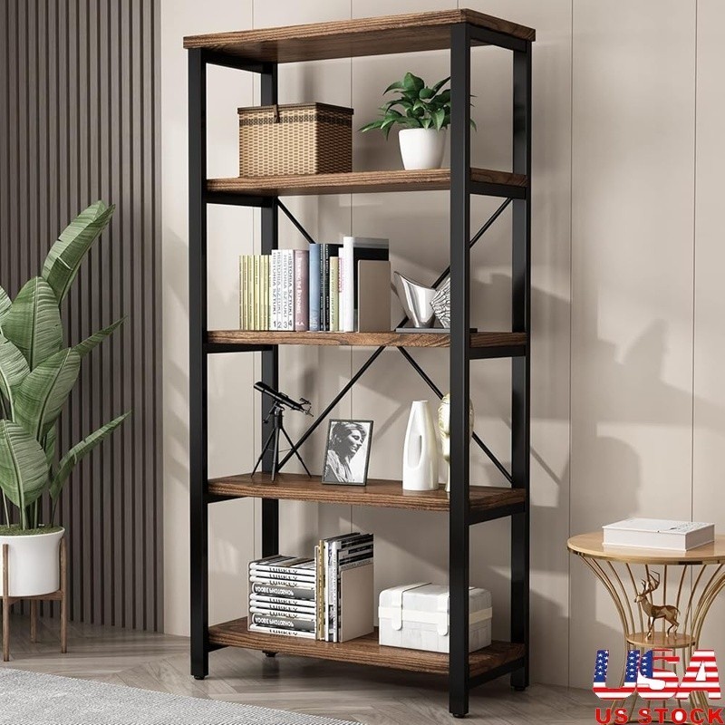 Vintage Industrial Solid Wood 5-Tier Bookshelf Sturdy Metal Frame