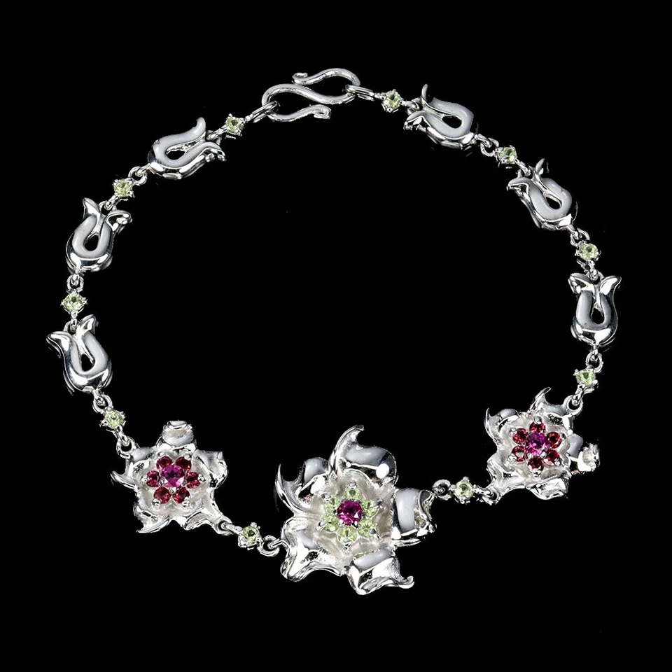 925 Sterling Silber Armband rund Rhodolith Peridot Natur Edelstein Schmuck 7i