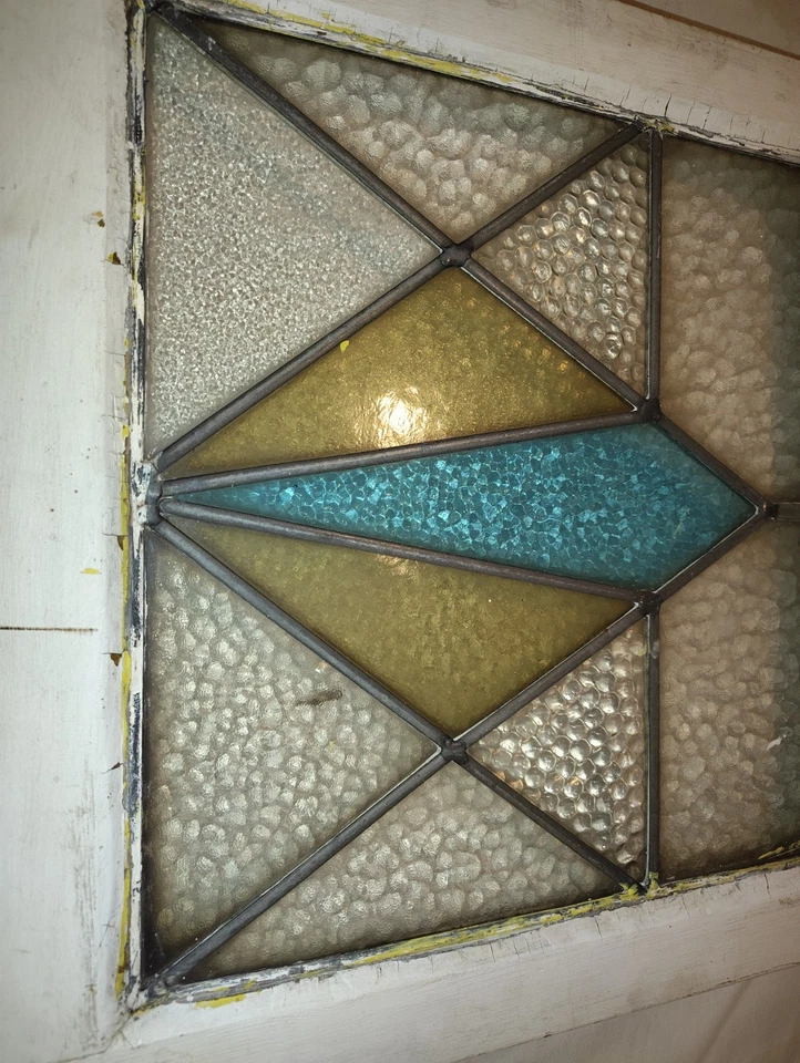 Geometric OLD ENGLISH LEADED STAINED GLASS TRANSOM VENT WINDOW 18" X 18 1/4" - Image 3 of 4