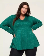 LANE BRYANT Green & Silver Polka Dots Plus Sz 22/24 Stretchy Swing Top NEW NWT