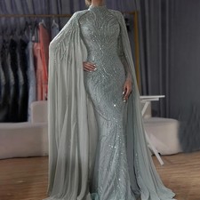 Muslim Sage Green Ball Dress Mermaid Long Horn Beaded Silk Luxury Evening Gown