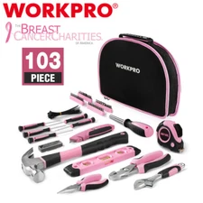 WORKPRO 103PCS Pink Tool Kit Hand Tool Set Chrome Finish Household Tools w/Pouch