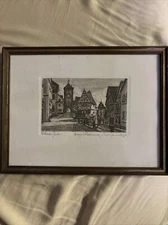 Ernst Geissendorfer Rothenburg Tauber Etching Print Signed Framed Plonlein 8x10”