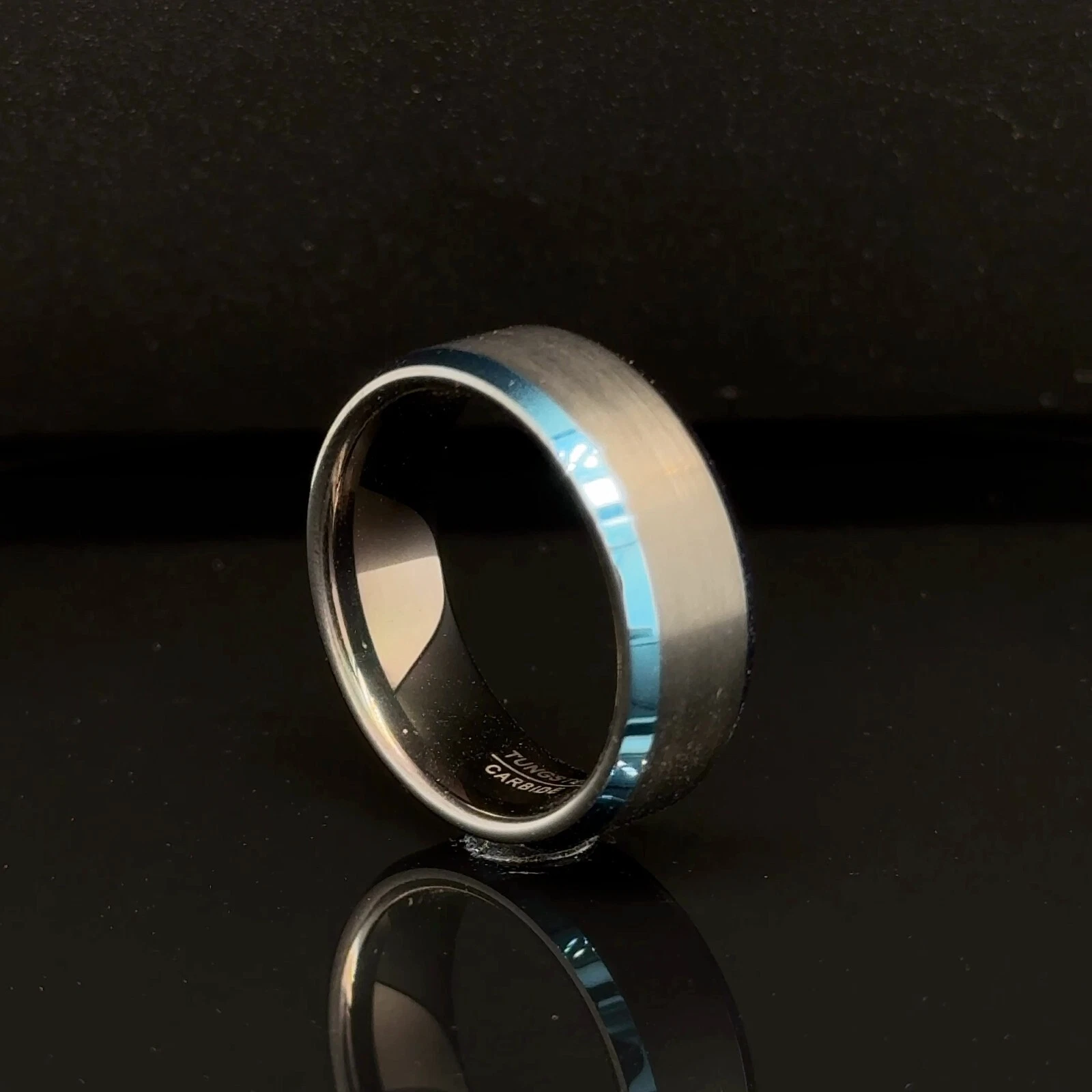 Elegant 8mm Black Tungsten Carbide Ring Blue Enamel Brushed Finish Unisex Band