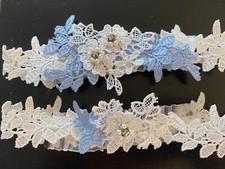 2 NEW Blue  White Lace Rhinestone  Pearl Garter Set