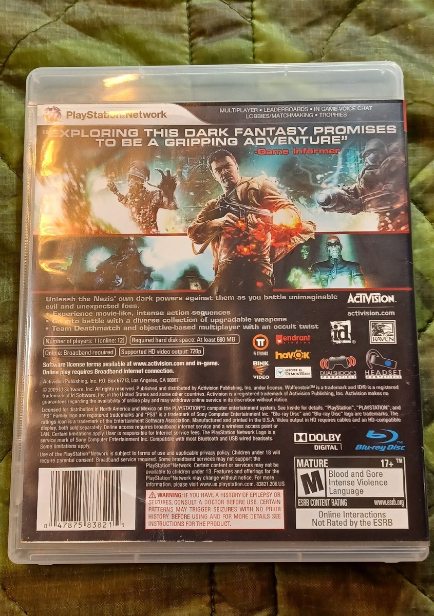 Wolfenstein (Sony PlayStation 3, 2009) PS3 Game TESTED WORKS Wolfenstein (Sony PlayStation 3, 2009) PS3 Game TESTED WORKS
