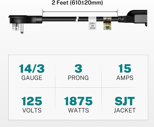 2 Ft Heavy Duty Extension Cord Low Profile Flat Plug 14Awg 15A Black 1875W - Picture 9 of 9