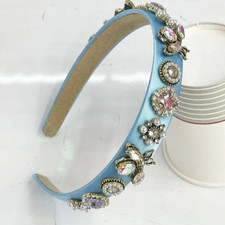 LUXURY HANDMADE TURQUOISE SATIN HEADBAND WITH RHINESTONES, WHITE PEARLS  BEES