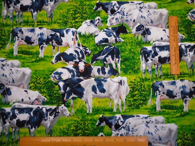 Quilt Fabric By Yard Cows in Green Grass Dairy Farm Scene Premium Cotton Nov Vtg