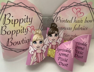 3D "PIXIE DUST" FAIRY 4" PRINTED CANVAS FABRIC BOW LOOPS MAKE YOR OWN HAIR BOWS