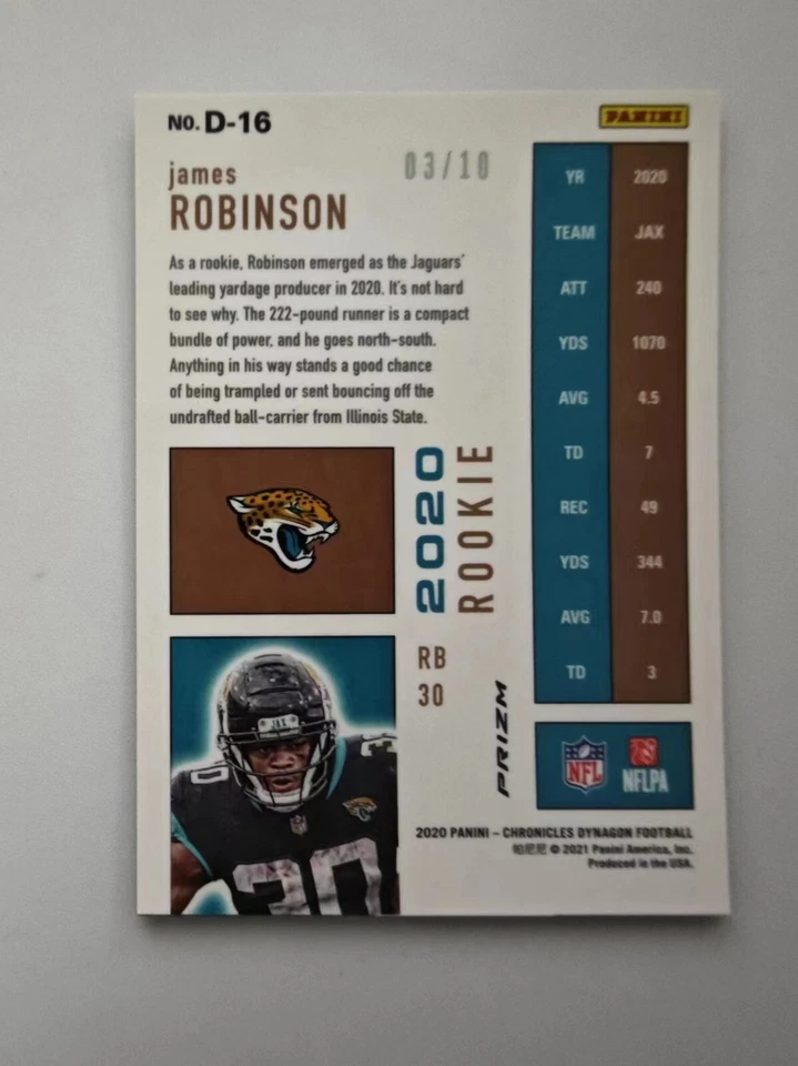 2020 Panini Chronicles Dynagon Gold Prizm Rookie James Robinson 03/10 #D-16 - Image 2 of 2