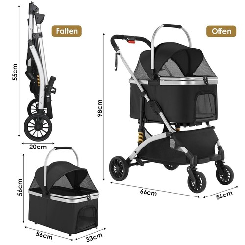 Hundewagen Hundebuggy Katzen Pet Stroller mit 4 Rädern 360° klappbar Oxford 40kg - Bild 11 von 52