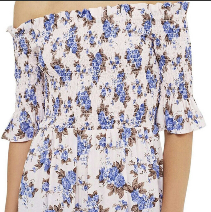 topshop bardot a line dress Topshop Tall Pink Blue Bardot Floral Smocked Off Shoulder Mini Dress 6