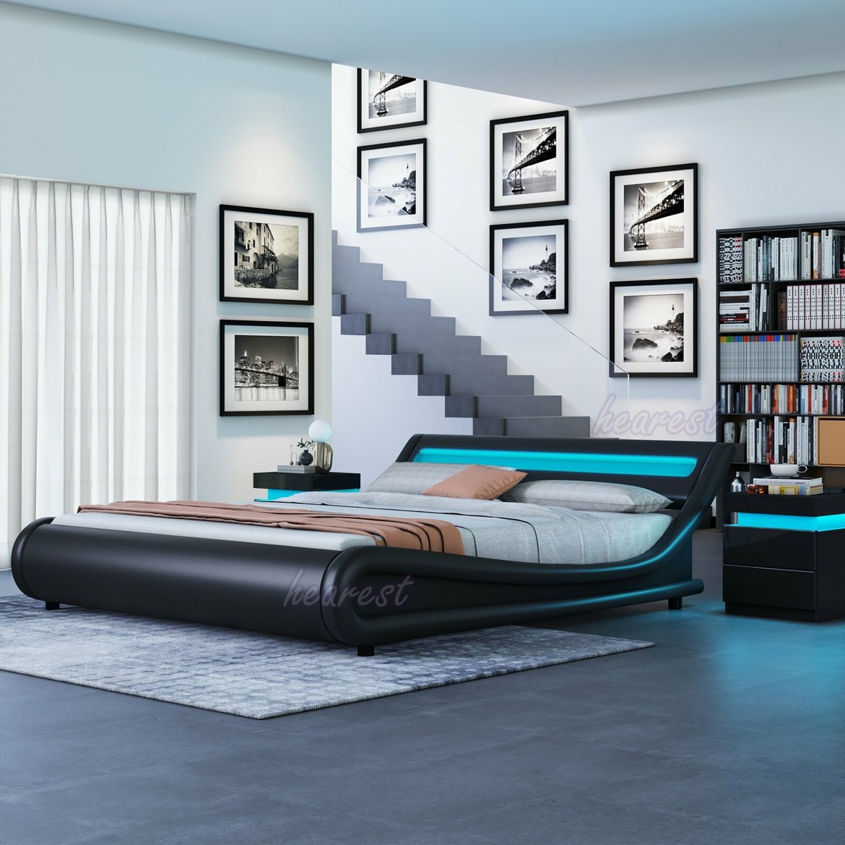 Modern LED Faux Leather Bed Frame 3 Drawers High Gloss Bedside Table Cabinet