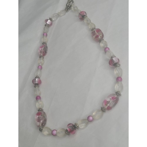 Handcrafted Pink Lampwork Glass Beaded Necklace With Silver Accents - Picture 2 of 5