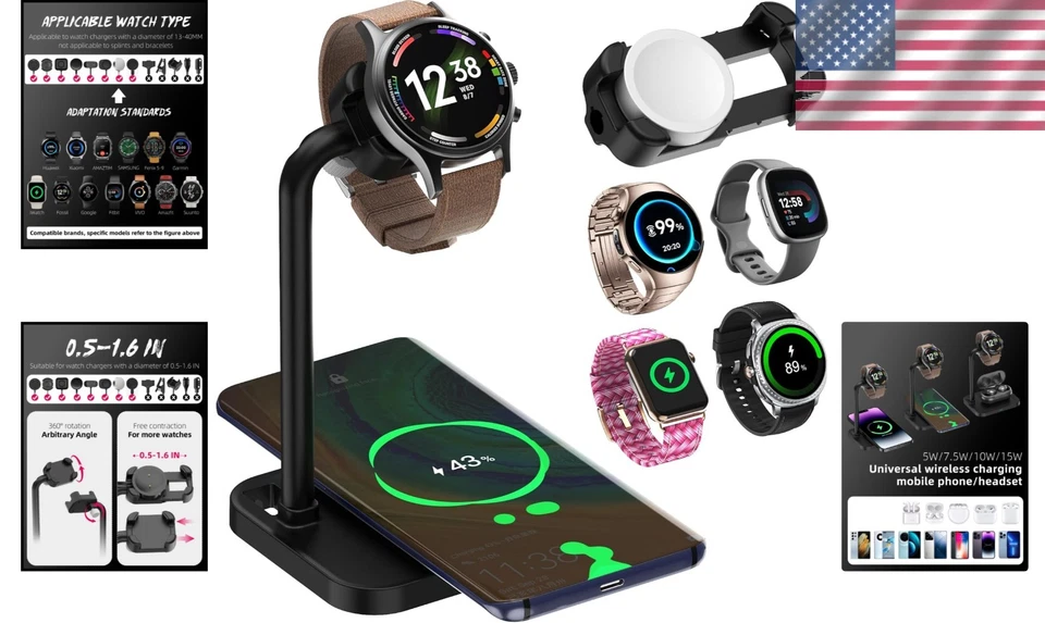 Wireless Charging Dock 2-in-1 Universal Stand for Phones Smartwatch Qi Compat... - Image 2 of 4