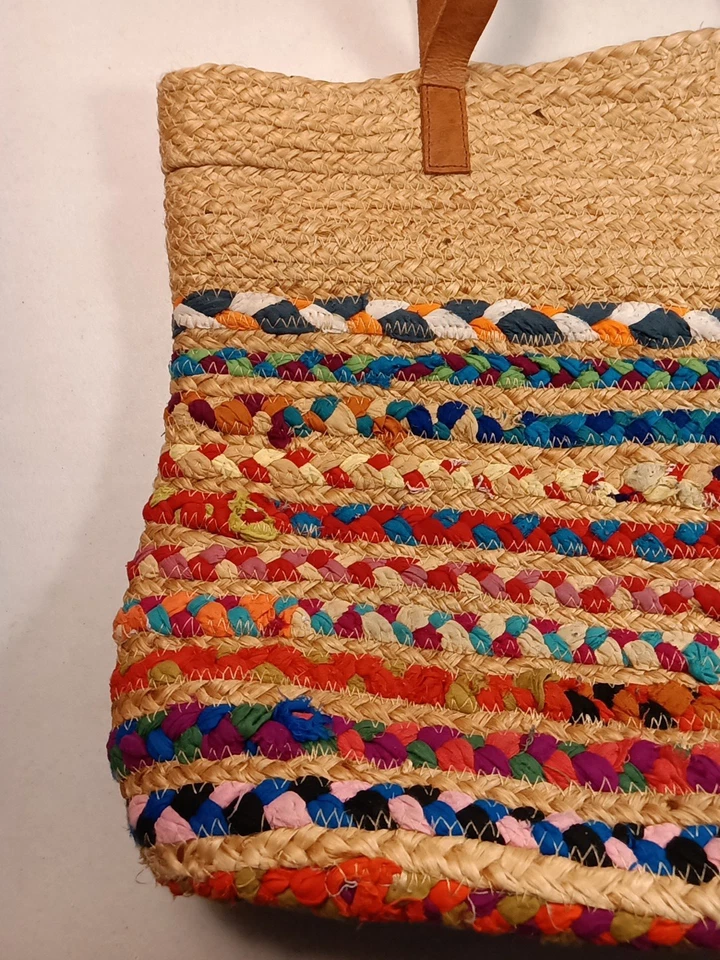 Woven Rag Rug Lg. Tote Bag Boho Hippie  Striped W/ Leather Straps Made In India  - Image 2 of 4