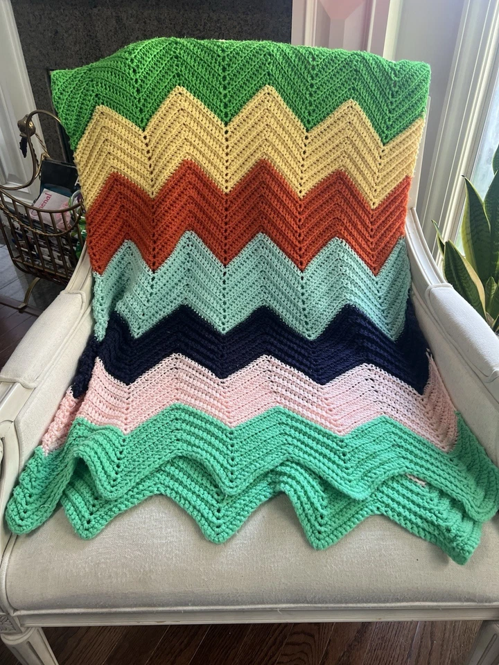 Crochet Afghan Multi Colored Chevron 68” x 64” Hand Made Rainbow Zig Zag Blanket - Image 2 of 3
