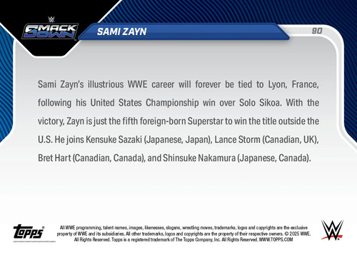 2025 WWE Topps Now #90 Sami Zayn - Nouveau Champion: NABS 1st US Title PREORDER - Picture 2 of 2