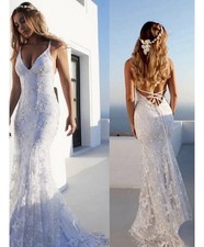Mermaid Lace V Neck Sleeveless Corset Wedding Dress 