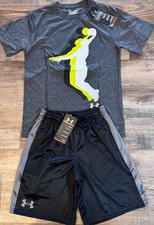 NWT Boys Under Armour YSM Gray/Black/White BASKETBALL Dunk Shorts Set Small