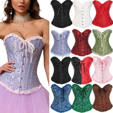 Women Overbust Lace Up Boned Bustier Corset Top Burlesque Waist Trainer Lingerie