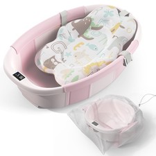 Collapsible Baby Bathtub Foldable Toddler Tub with Thermometer Cushion Pink