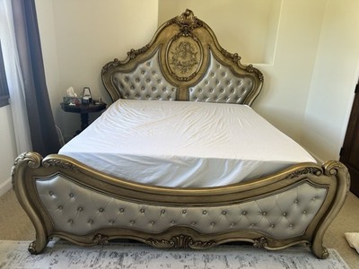 California King Bed Silver Tufted Faux Leather With Gold Wood Frame