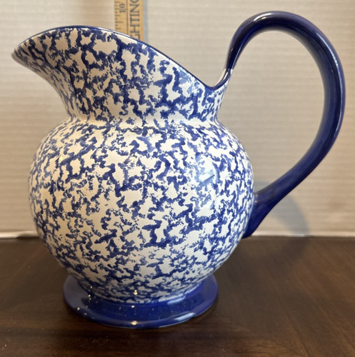 Two Bears Pottery Wash Bowl & Pitcher Set Blue & White Hand Painted 9-1/2"