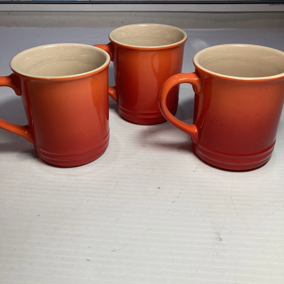Le Creuset 12 oz Flame Orange Stoneware Mugs Set Of 3 Coffee Cups - Image 2 of 4
