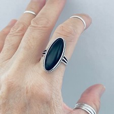 Sterling Silver Long Oval Black Onyx Ring with Braid, Statement Ring, Stone Ring