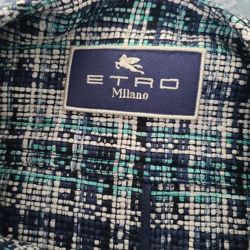 ETRO Jacket Blazer cotton silk woven Tweed Cropped blue sz 48 US 12 New - Picture 11 of 14