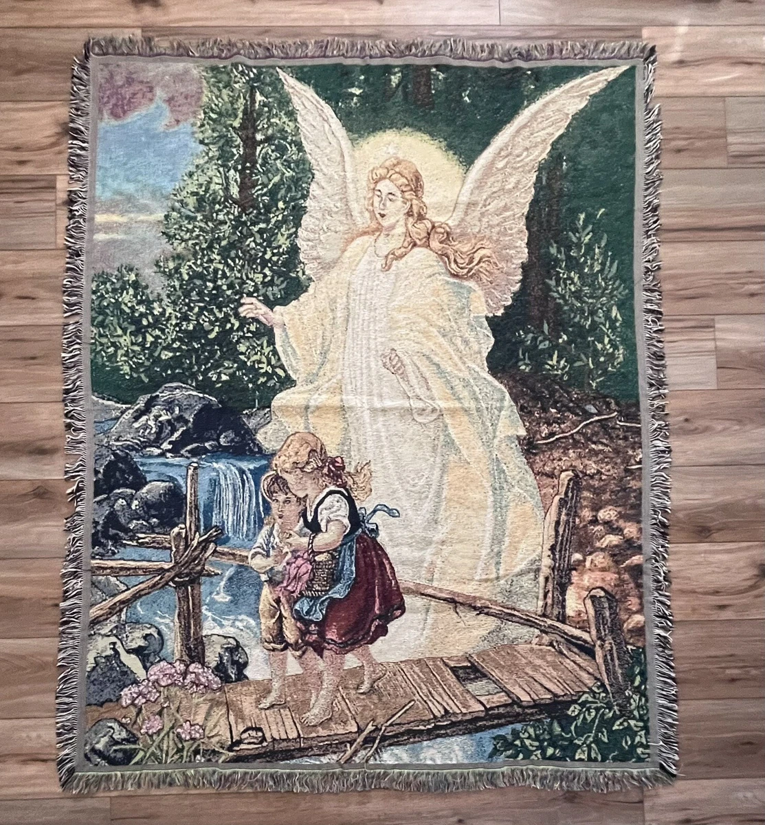 Angel Watching Over Children Bridge Woven Throw Tapestry Blanket 56x70 Inches
