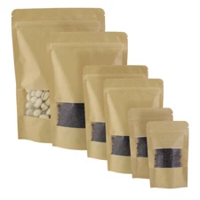 Brown Kraft Stand Up Zip Seal Resealable Bags w/ Clear Window Variety QTY Sizes
