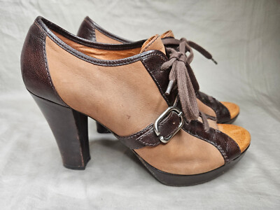 Naya Open Toe Booties Womens 9 N Brown Leather Lace Up Buckle Accent High Heels