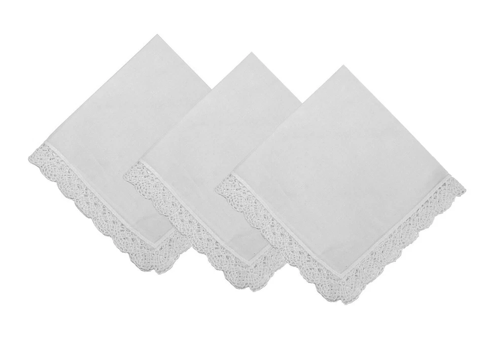 Juego de 12 pañuelos vintage de algodón con bordes de ganchillo bordados en blanco Foto 2 de 2