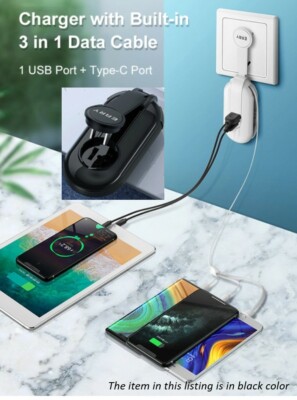 Portable Wall Charger Retractable Built-In Cables Fast Micro-USB