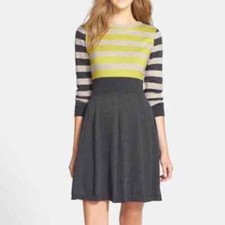 Eliza J Fit and Flare Striped Long Sleeve Sweater Dress Grey Neon Yellow XL