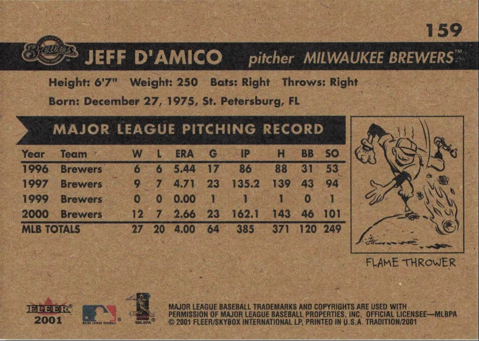 2001 Fleer Tradition Baseball Jeff D'Amico Milwaukee Brewers #159 - Image 2 of 2